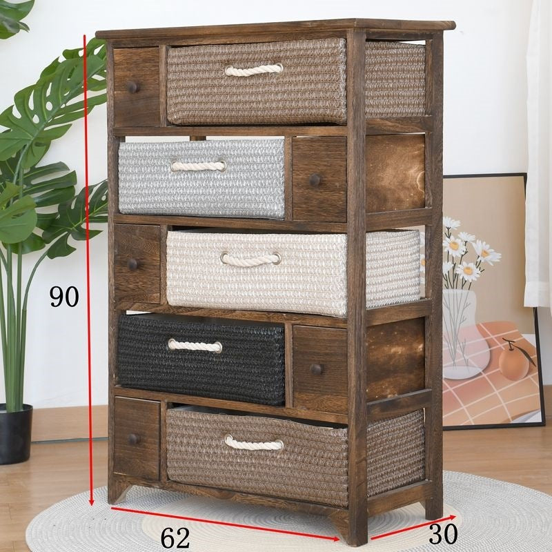 Simple solid wood bedside table casual bedroom bedside table retro storage cabinet drawer cabinet pastoral rattan storage cabinet