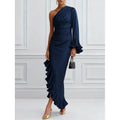 European and american cross-border new arrival: solid color satin off-the-shoulder sexy ruched asymmetrical dress