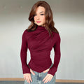 fall/winter european and american cross-border women's fashion: new casual slim-fit pleated turtleneck long-sleeve solid color top/t-shirt