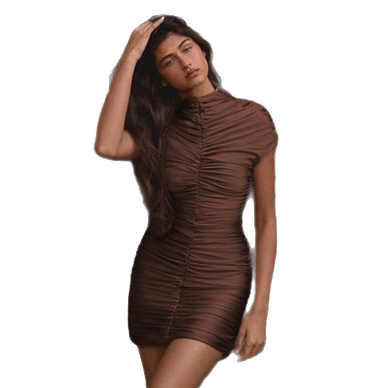 European and american export women's clothing  autumn new arrival casual short sleeve solid color round neck shirred bodycon mini dress