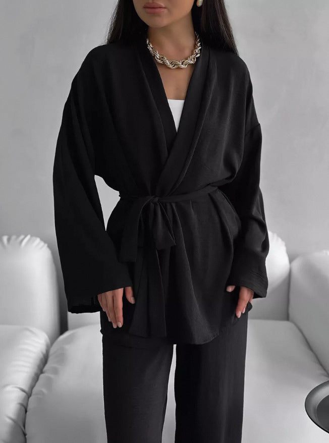 Cross-border new simple design set women's waist lace-up cardigan trousers  autumn leisure home two-piece set