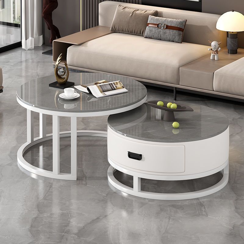 Italian round rock slab high-end tea table, small apartment coffee table, living room home modern minimalist light luxury table set