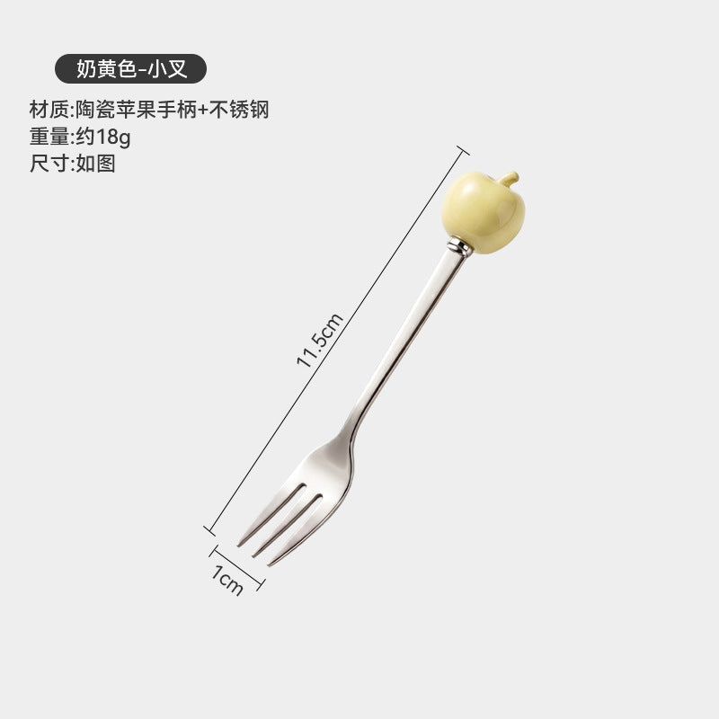 Colorful apple fork and spoon set - creative spoons with stainless steel and ceramic handles for fruit, coffee, cake, and desserts - wholesale