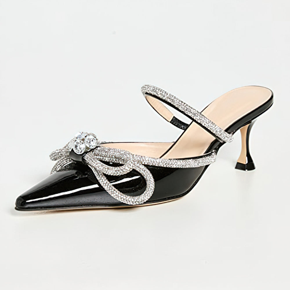 European and american black bow rhinestone high heel slippers pointed toe closed toe slip-on sandals outdoor european and american style stiletto heels