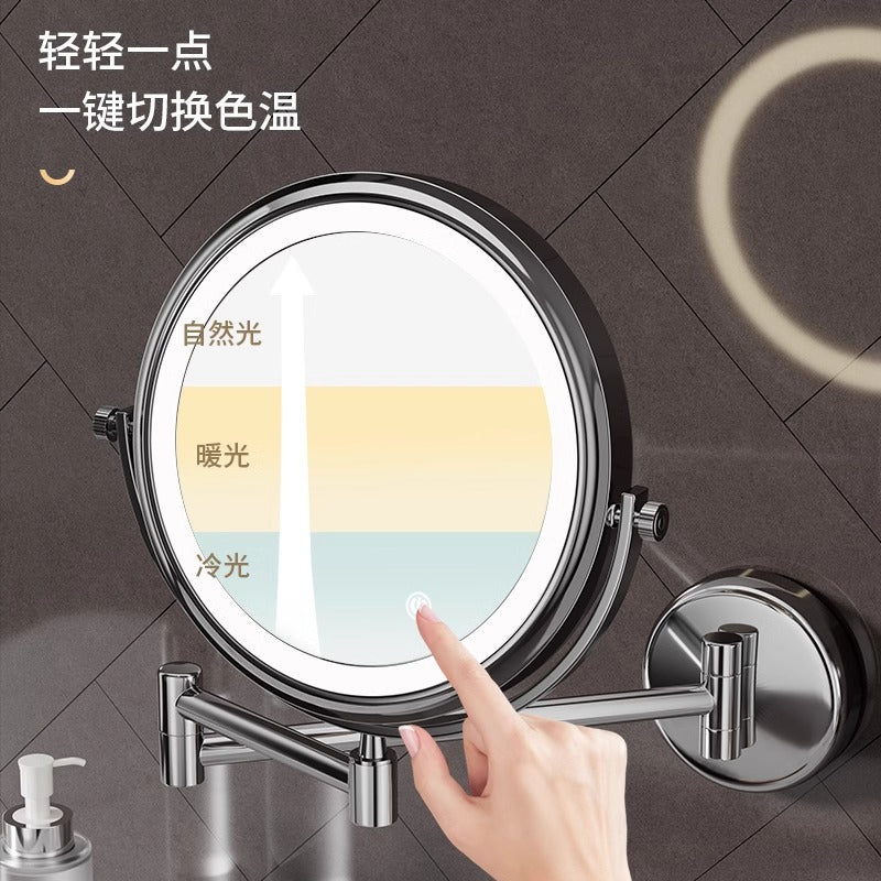 Perforated magnifying glass bathroom with light makeup mirror high definition led free foldable dressing mirror wall hanging telescopic bathroom