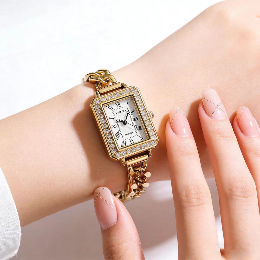 New square diamond-accented quartz watch - elegant, business-ready, and unique bracelet watch for women. a stylish timepiece