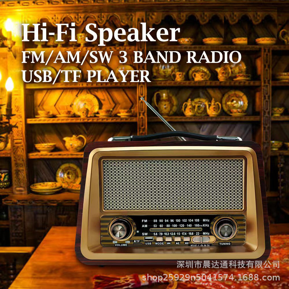 Manufacturer sells FM/AM/SW three-band retro Bluetooth card wooden box radio with MP3 playback