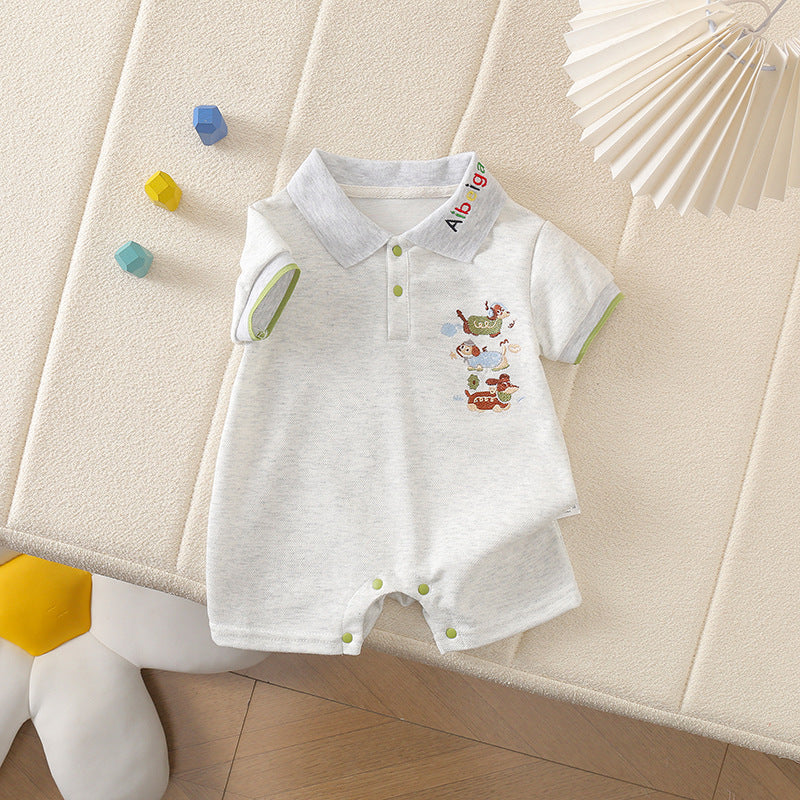 Baby clothes summer romper boy short sleeve crawling suit cartoon embroidery turn-down collar polo shirt outing wear thin style