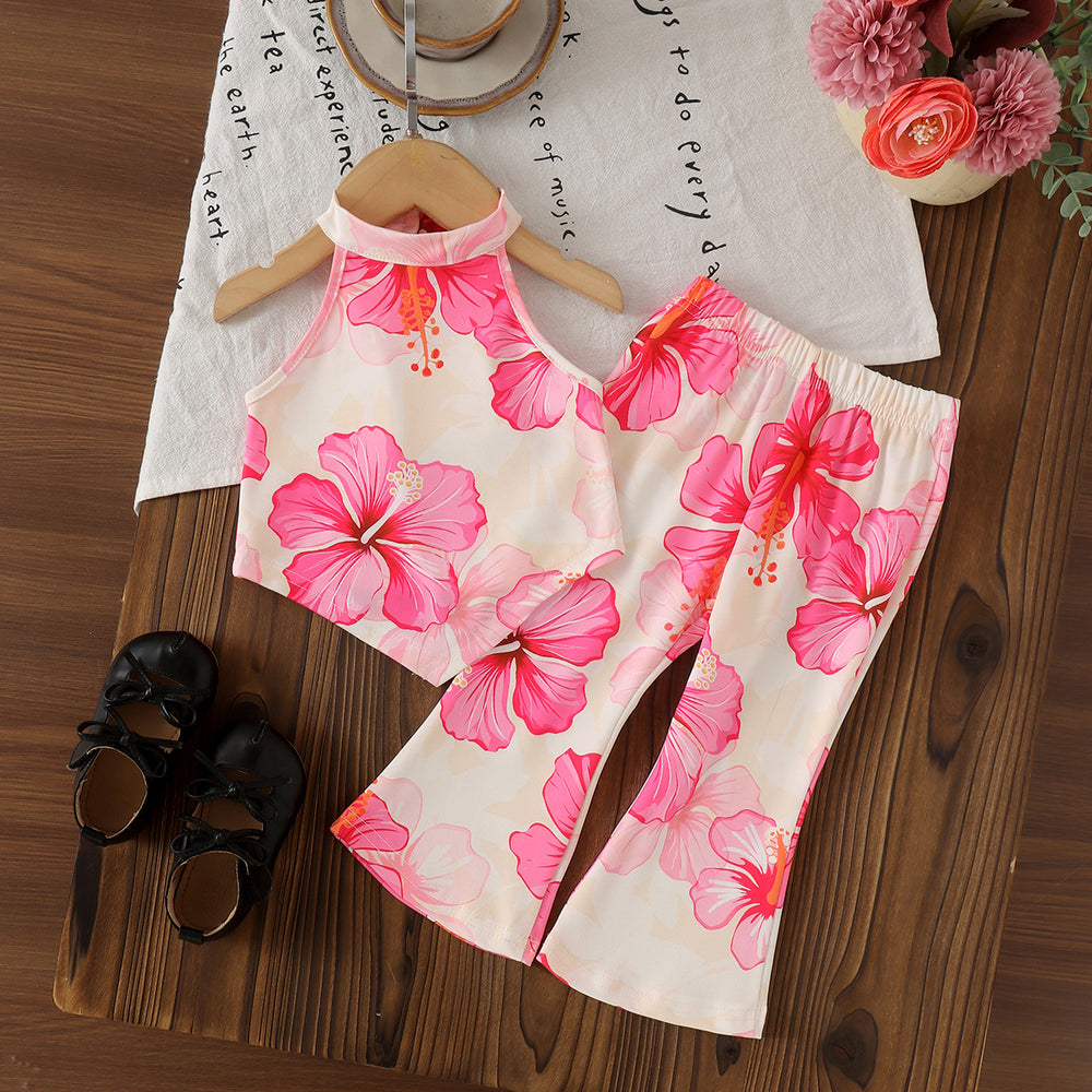 Kids clothing cross-border exclusive for european and american girls new arrival children's pink flower pattern vest + pants