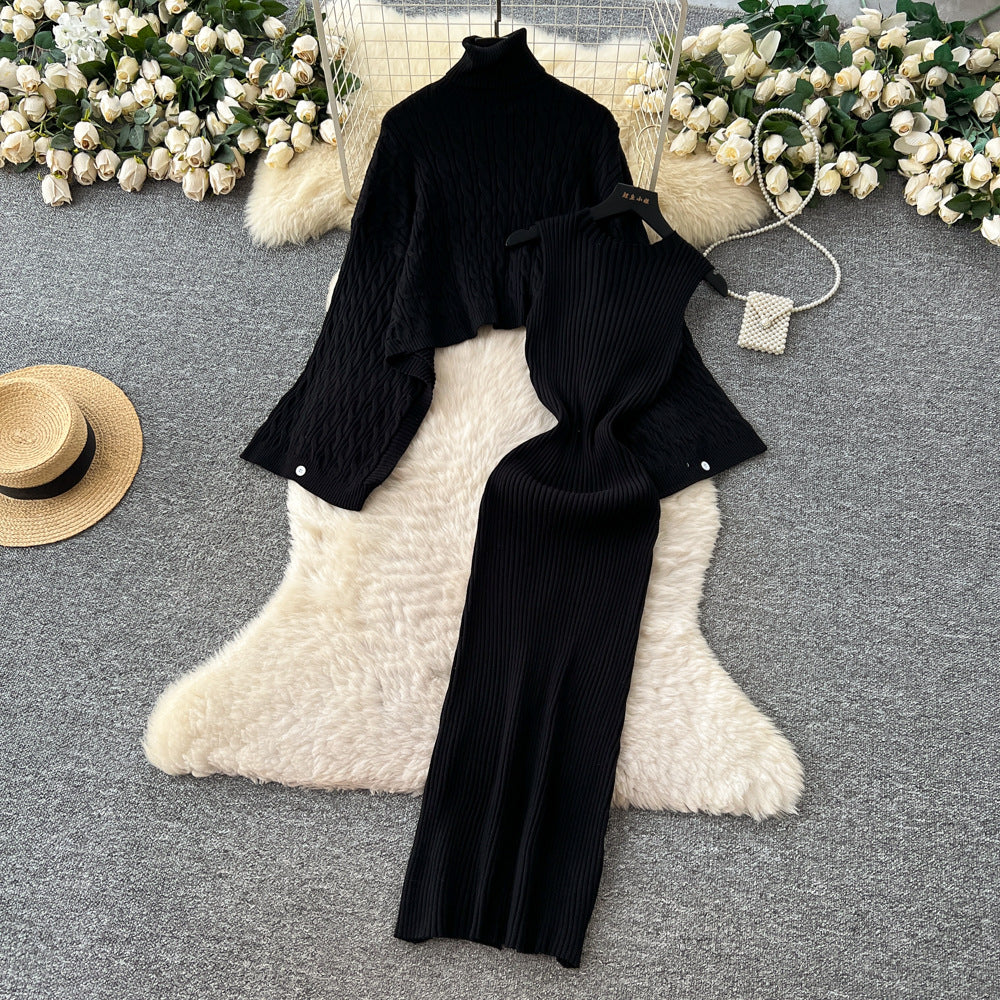 Loosecasual lazy style high collar bat sleeve cable stitchknitting blouse with sleeveless waist vest dress