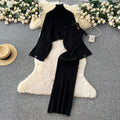 Loosecasual lazy style high collar bat sleeve cable stitchknitting blouse with sleeveless waist vest dress