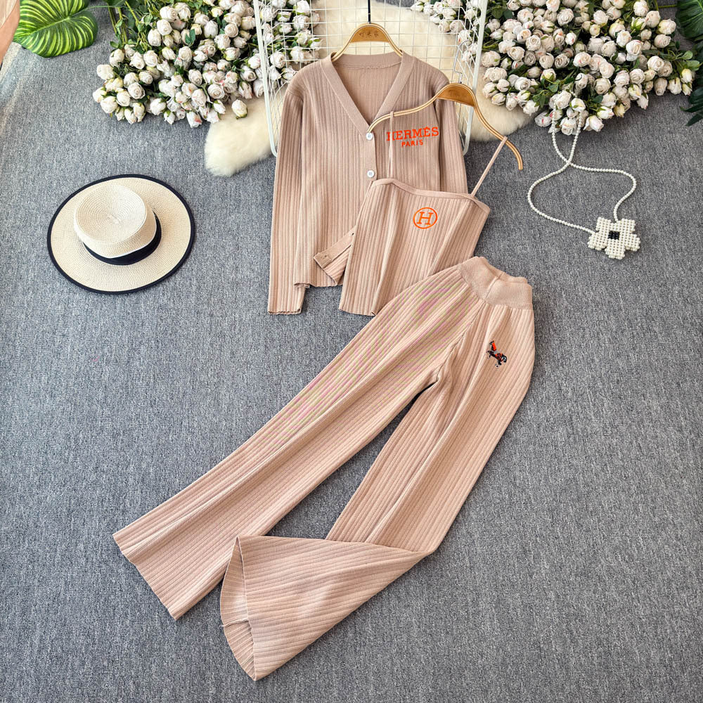 Autumn/winter minimalist embroidered v-neck long sleeve knit top with camisole + high-waisted slimming wide-leg pants three-piece set for women
