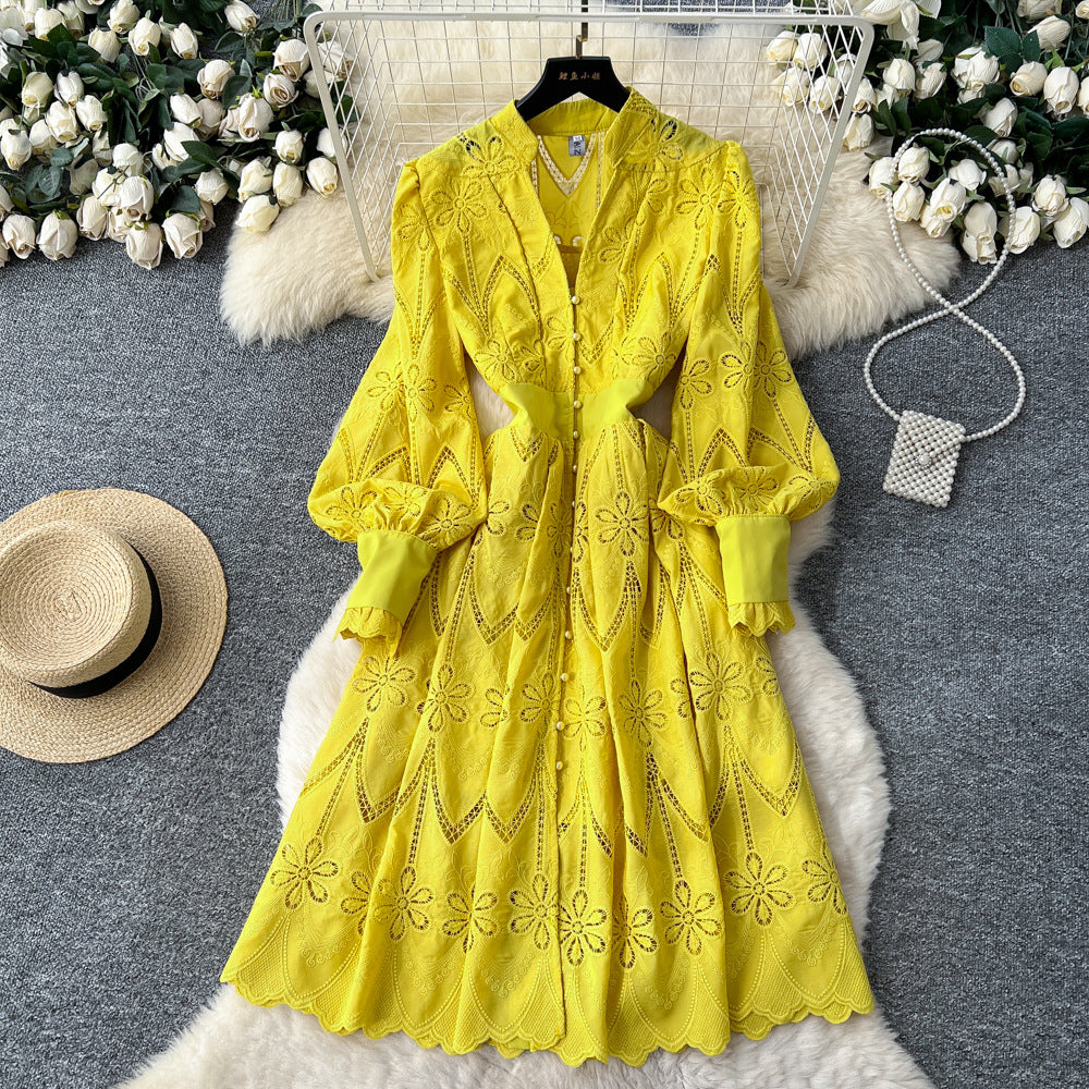 Frencheleganceniche stylefashionheavy industrycut outembroiderv neck lantern sleeve single breasted waist slimming lookdress women