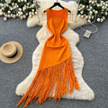new european and american  cross-border e-commerce women's sleeveless slim-fit tassel french summer cinched waist maxi dress