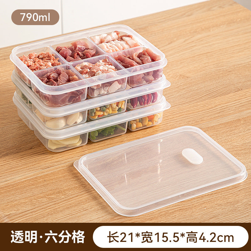 Sealed grid kitchen food storage box transparent food grade vegetable frozen meat sub-packaging refrigerator fresh storage box