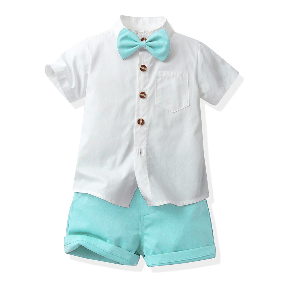 Korean style kids' summer outfit set - baby boy short-sleeve shirt & overalls two-piece set - first birthday party dress - boys' shirt