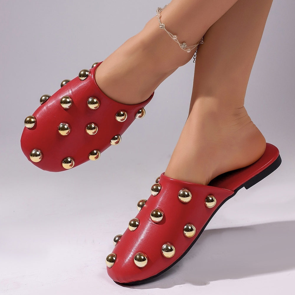 summer new metal studded sandals soft sole comfortable mules slides outdoor casual closed-toe half slippers