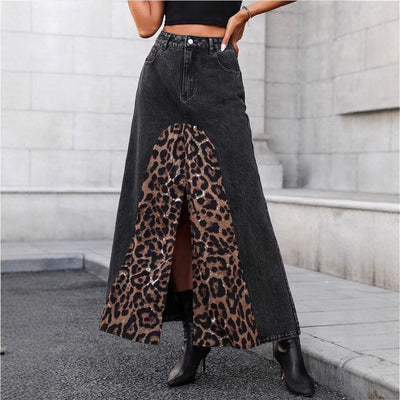 Pre-sale-20768# cross-border foreign trade women's fashion autumn street versatile leopard print denim skirt