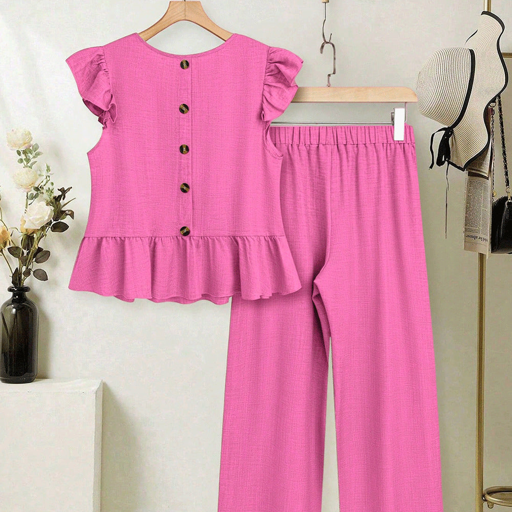European and american cross-border women's short-sleeve set:  summer new arrival - stylish flutter sleeve top and wide-leg pants two-piece set