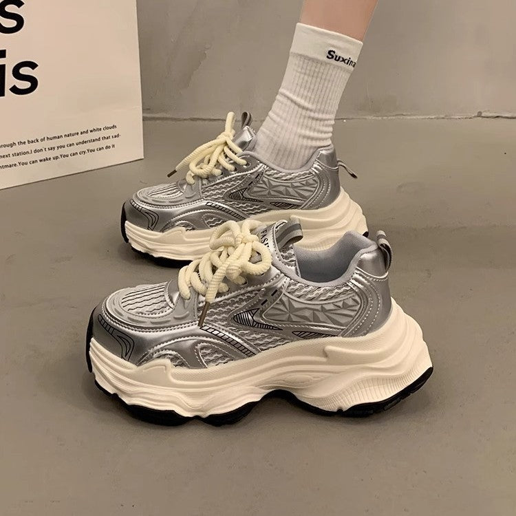 Silver chunky sneakers for women, new spring/summer 2026 collection: platform, height increasing, slimming, lightweight, breathable, versatile casual athletic shoes