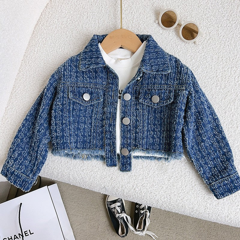 Baby girl spring/autumn preppy style long-sleeve casual outfit  girls' chanel-inspired denim jacket and mini skirt two-piece set