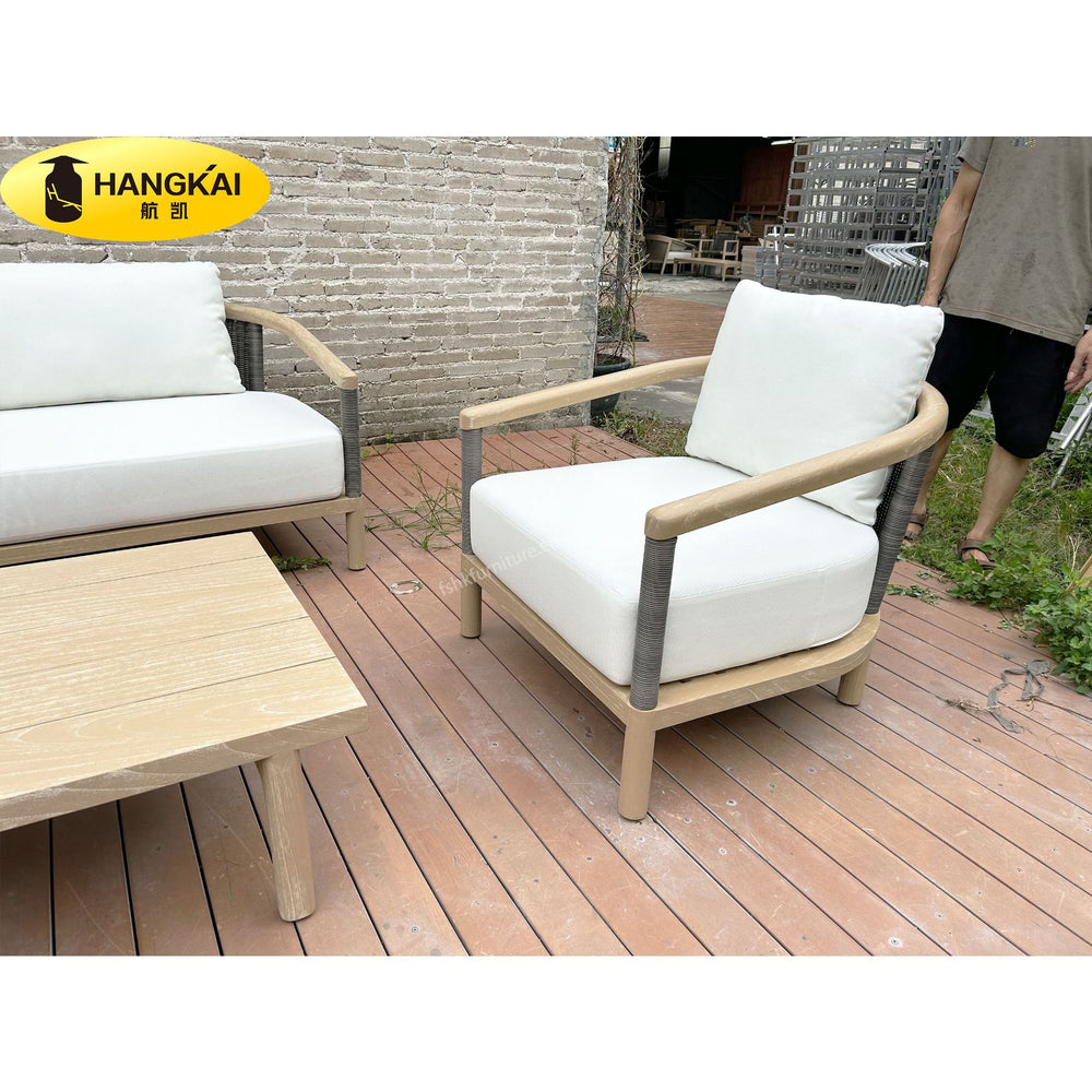 Complete custom nordic casual outdoor rattan woven teak sofa set for villa courtyard, outdoor rattan woven table and chair set with solid wood frame