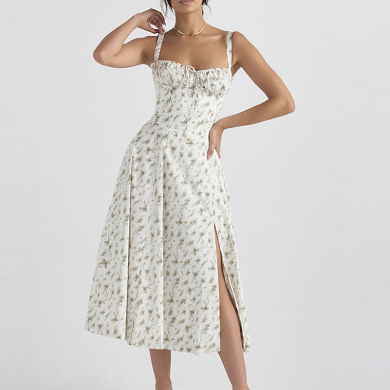 cross-border e-commerce women's fashion: european and american summer new arrivals - french chic floral print spaghetti strap slit dress