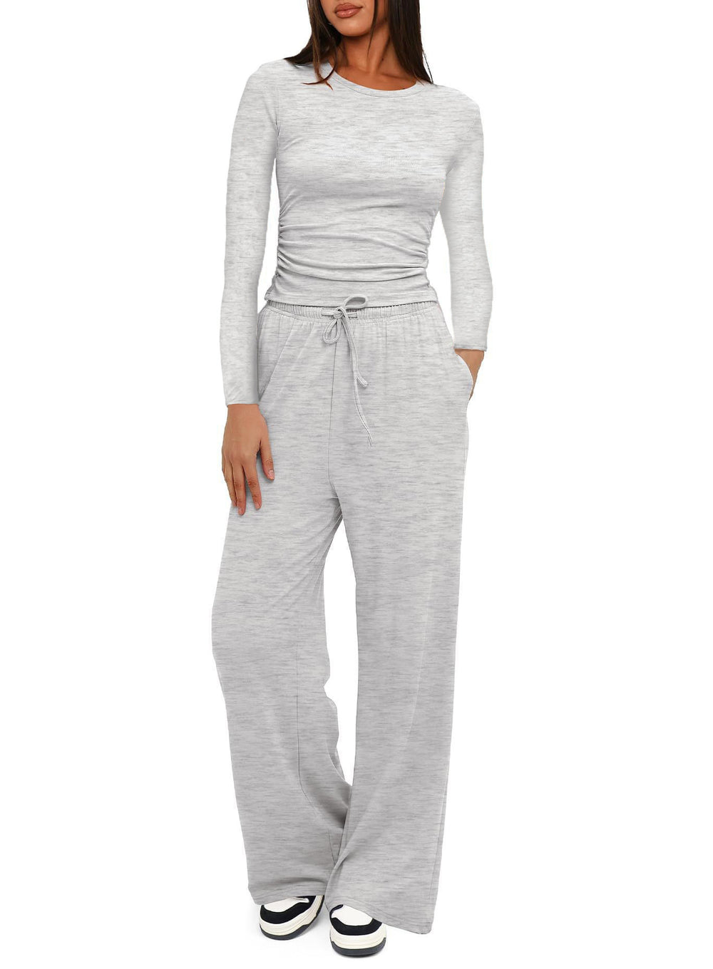 cross-border fashion  new product pure color casuallong sleevessuittopshigh waistloose pants sportswear