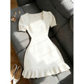 Women's new summer french chic solid color square neck fitted short dress - perfect for going out and dating