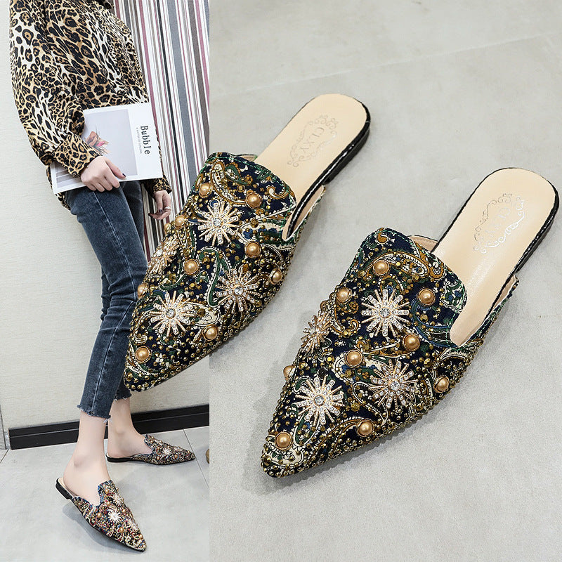 European station 2024 spring/summer new sexy printed rhinestone studded pearl pointed toe closed-toe thong sandals