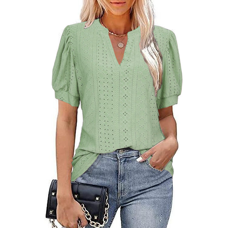 European and american cross-border e-commerce   spring/summer casual v-neck solid color cutout puff sleeve loose t-shirt