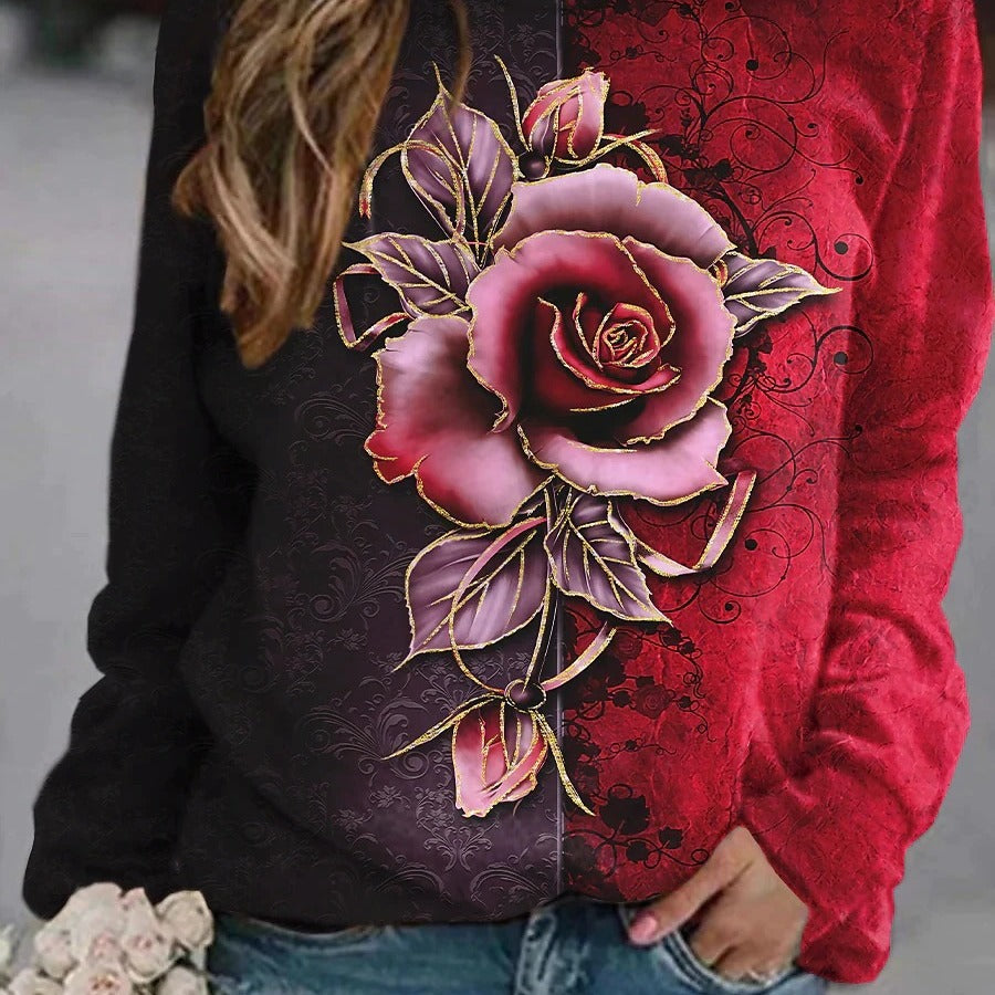 2026 amazon wish european and american cross-border round neck long sleeve floral print color block sweatshirt top - women's in-stock