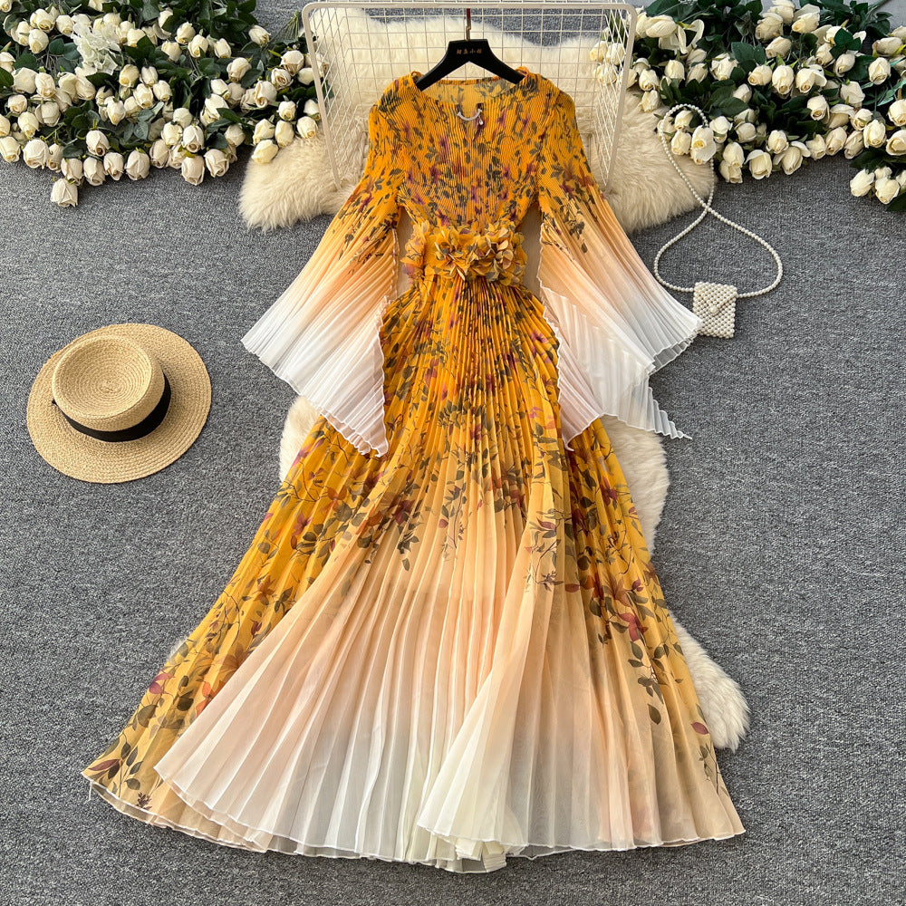 Elegant and stylish flared-sleeve printed dress for women, featuring a cinched waist, pleated detailing, batwing sleeves, and a full, flowing skirt. a sophisticated and versatile dress perfect for the office