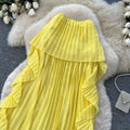 Vacation-style yellow tube top, loose-fitting sleeveless dress for women, summer ruffle trim halter neck design, french-inspired maxi dress