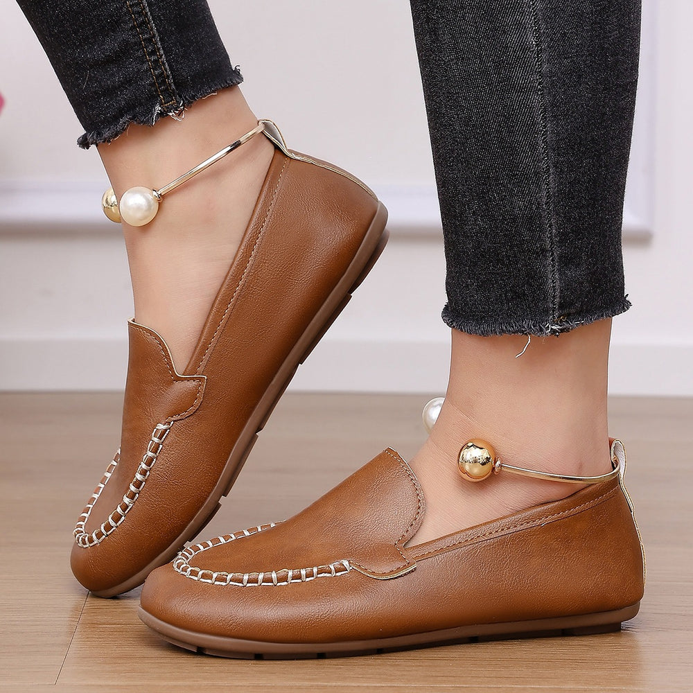women's plus size round toe loafers - leather slip-ons, versatile casual moccasins