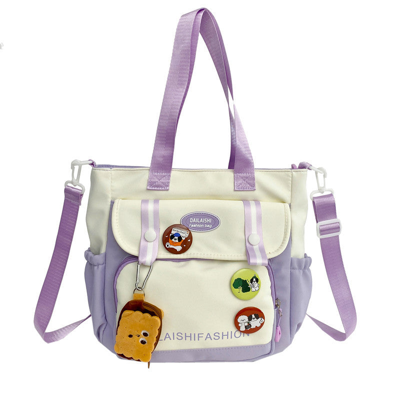 New large-capacity contrasting color handbag female cute girl shoulder messenger bag college student class tutoring bag