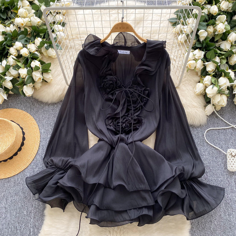 Fairy dress 2025 new arrival: atmospheric v-neck, 3d floral appliqué, tie-waist, ruffle hem chiffon dress for women