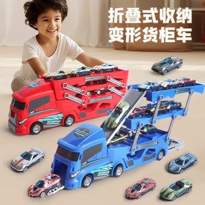 New arrival cross-border deformation kids folding ejection toy car container transport truck sliding transport male car engineering vehicle
