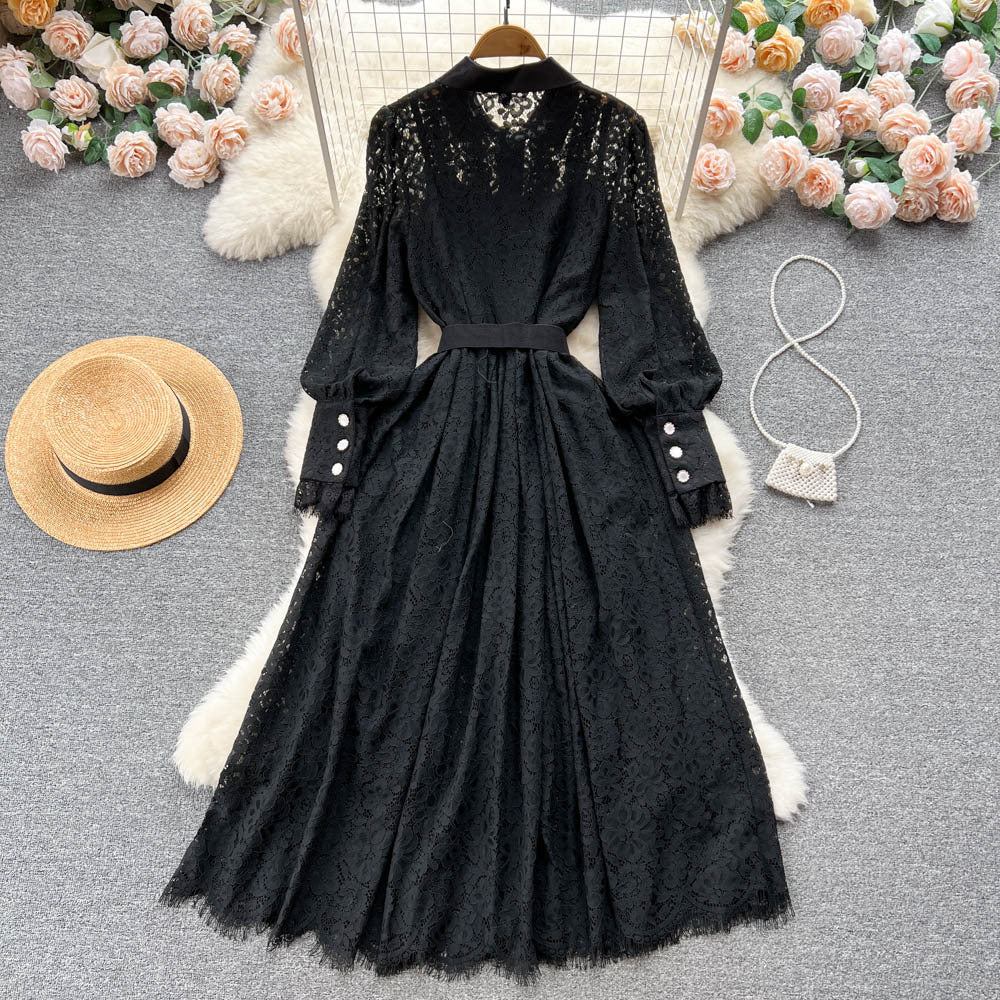 Spring autumnew arrival lapel heavy industry hook flower cut outfrenchlacedress female sexy large swing over the knee long skirt