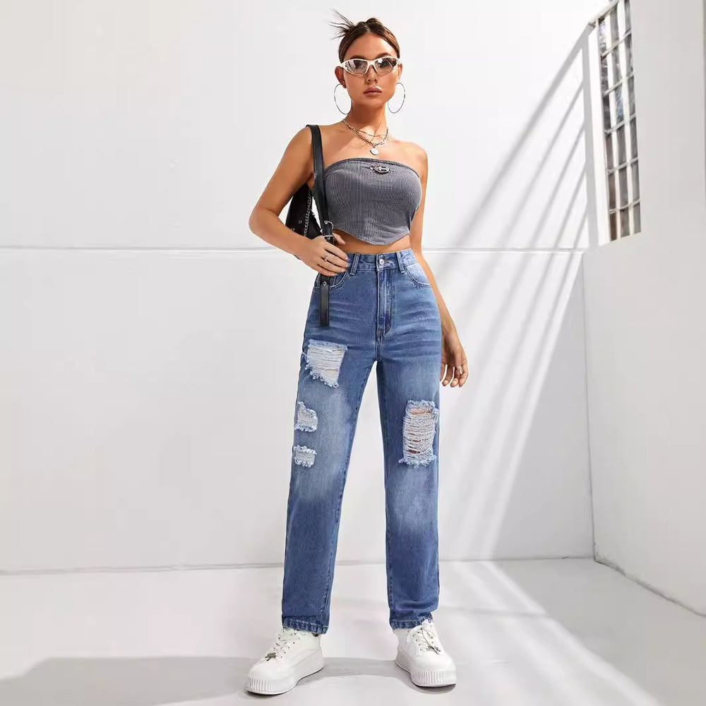 Pre-sale-15065# cross-border fashion casual slimming look ripped straight jeans pants for men and women