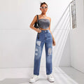 Pre-sale-15065# cross-border fashion casual slimming look ripped straight jeans pants for men and women