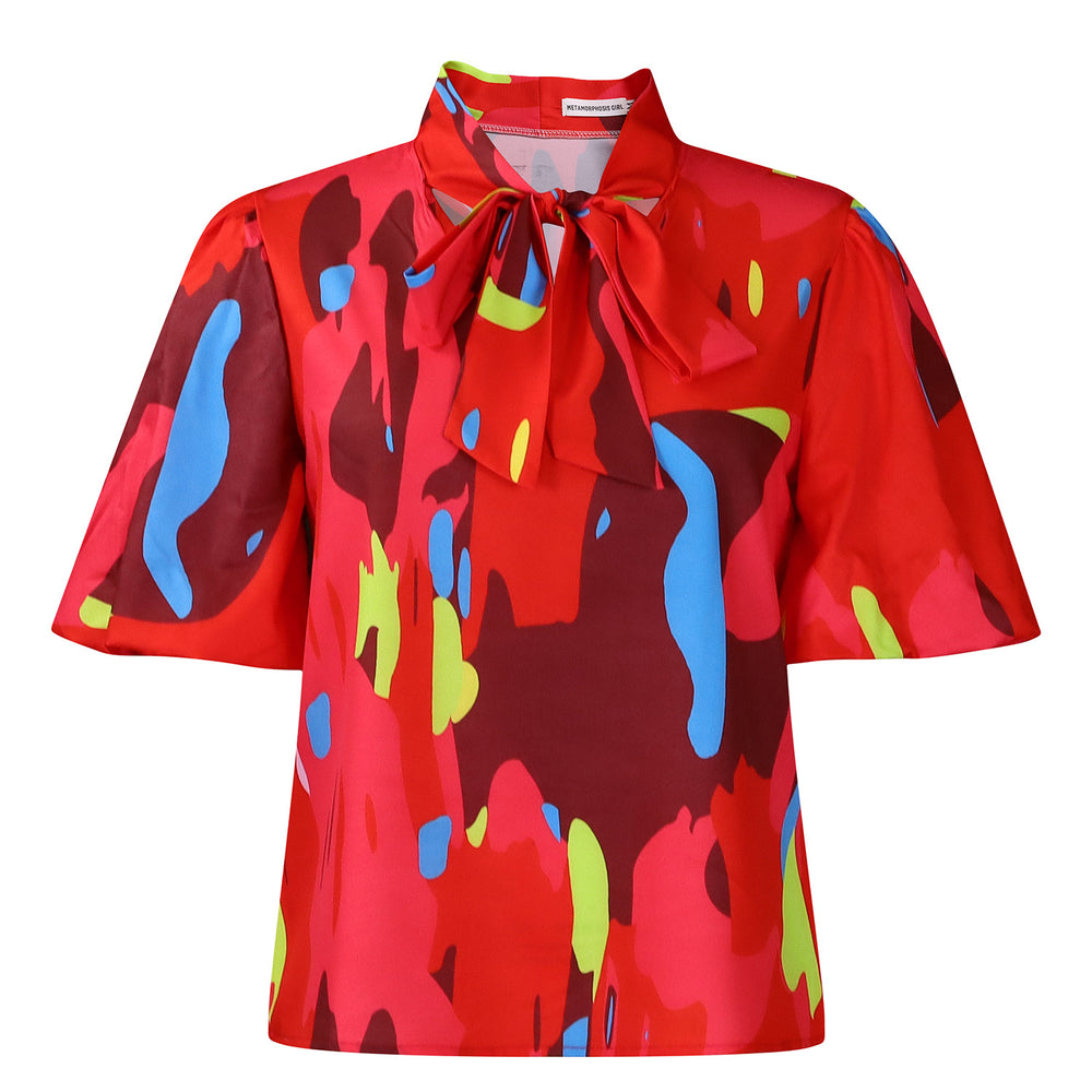 D561 women's foreign trade   new fashionable elegant printed tie-up puff sleeve short-sleeve blouse top
