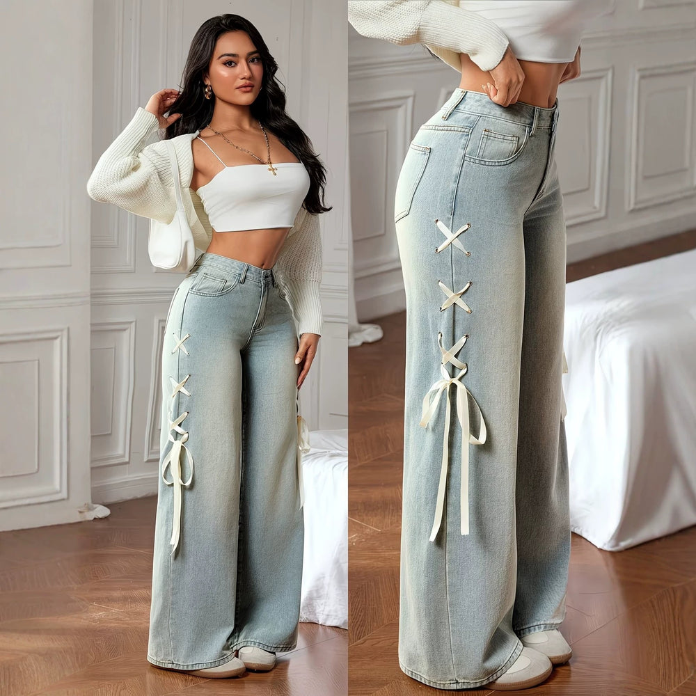 Fashionjeans women's side straps washed high waist wide leg jeans drapedlooseslimming lookmoppants