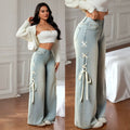 Fashionjeans women's side straps washed high waist wide leg jeans drapedlooseslimming lookmoppants
