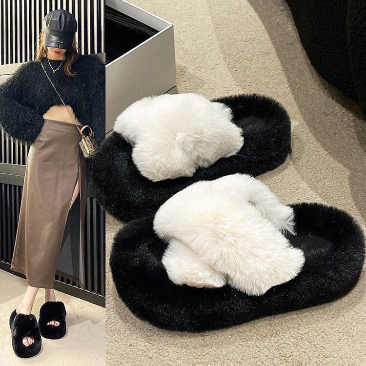 Versatile fuzzy slippers for women, thick-soled outdoor wear, new autumn/winter styles, trending online, platform sole, height-increasing, criss-cross cotton slippers