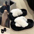 Versatile fuzzy slippers for women, thick-soled outdoor wear, new autumn/winter styles, trending online, platform sole, height-increasing, criss-cross cotton slippers