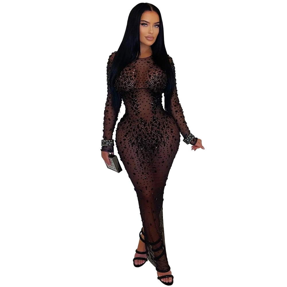 C7596 cross-border   fashion women's sexy see-through mesh rhinestone bodycon dress