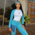 Amazon american casual sports suit comfy basics contrast color long sleeves t-shirt flip waistpants fitness three-piece set wholesale