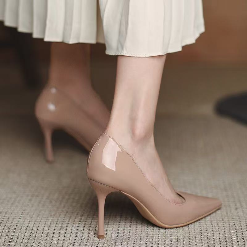 Nude high heels for women 2025 new arrival small fragrant elegant pointed toe hidden heelflats shoes patent leather work flats