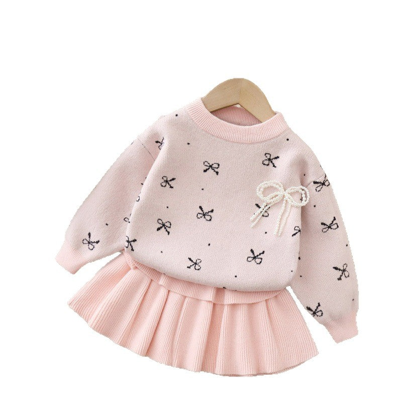 Girls' sweater two-piece set: new korean style, chic bow detail, kids' knitted pullover top and tiered skirt outfit